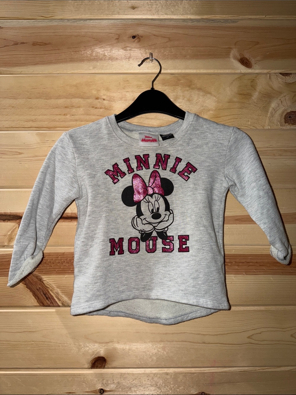 Disney Girls' Light Gray Minnie Mouse Sweatshirt with Pink Glitter Bow
